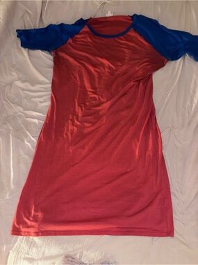 LuLaRoe Red Dress with Blue Raglan Sleeves